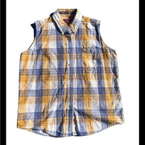 Sleeveless Plaid Button-Down Shirt in Yellow and Blue